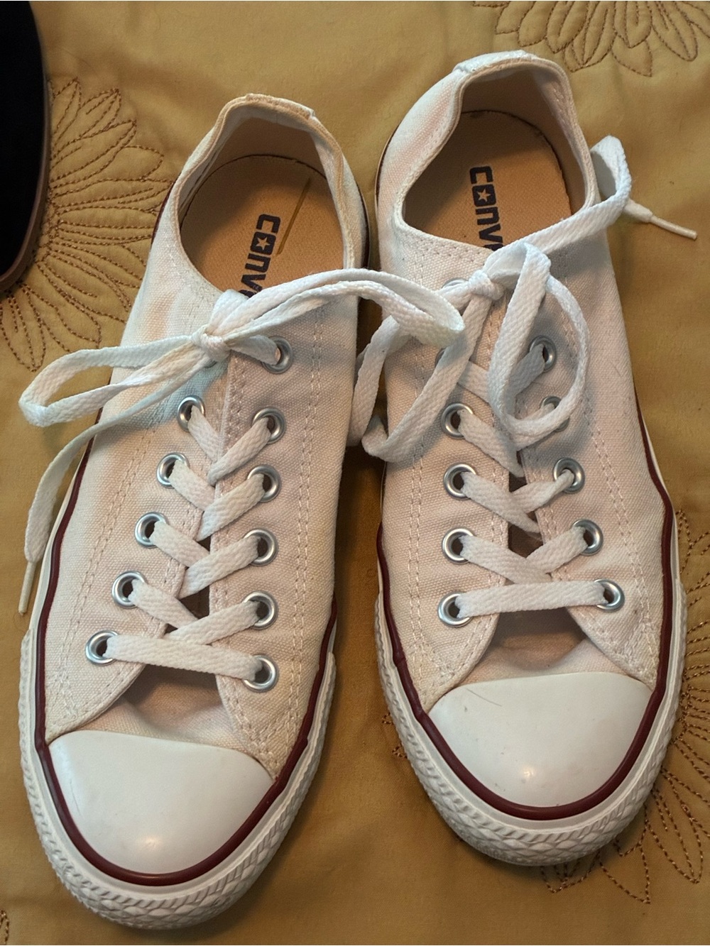 Converse Low Top Canvas Sneakers in Cream with Red and Navy Accents